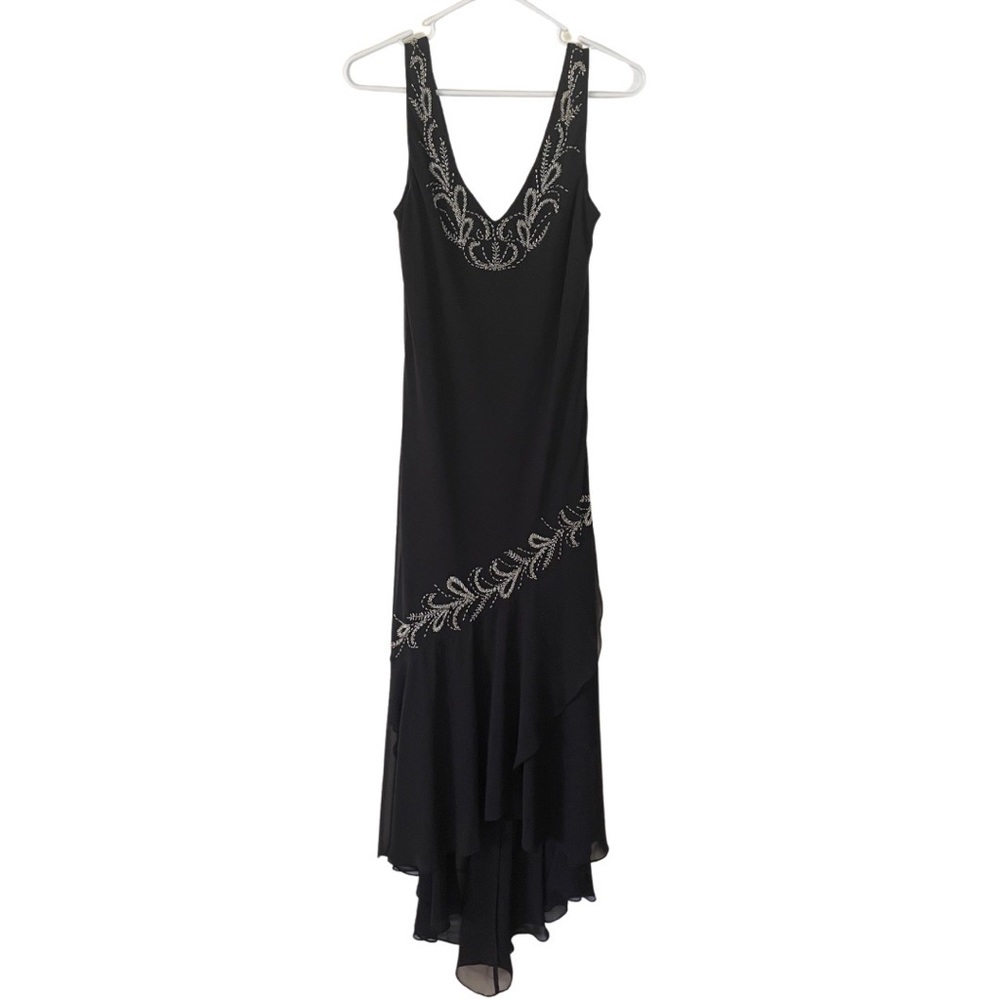 Alex Evenings Black Sleeveless Chiffon V-Neck Dress w/ Detailed Beadwork sz 8